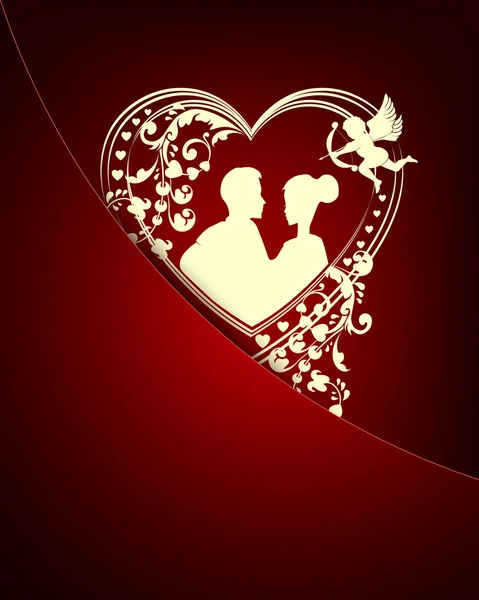 Diseño rojo oscuro con una silueta del corazón y una pareja amorosa en el bolsillo — Vector de stock