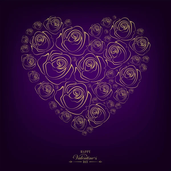 Φόντο σκούρο μωβ με σετ σιλουέτες των ροζ λουλούδια σε σχήμα καρδιάς — Διανυσματικό Αρχείο