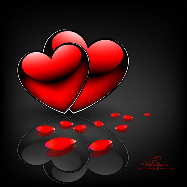 Черный фон с двумя красными сердцами с зеркальным отражением — стоковый вектор