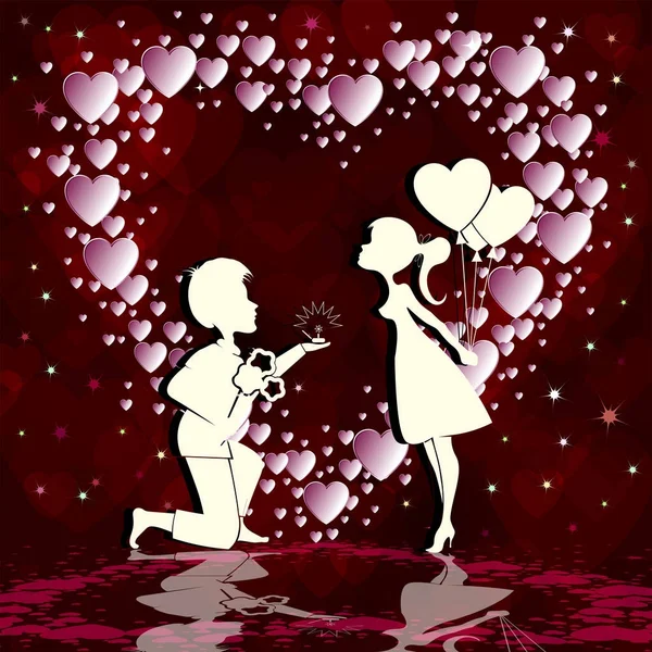 Diseño rojo oscuro con silueta de corazón, niño y niña — Vector de stock