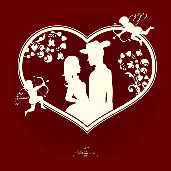 Silueta de un corazón con una pareja amorosa y cupidos con un arco y flecha — Vector de stock