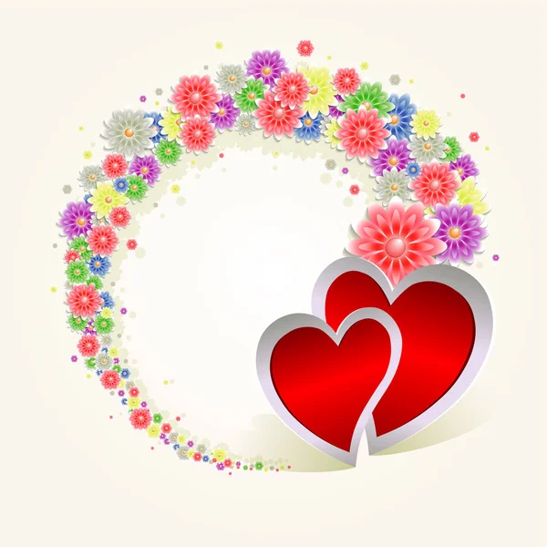 Στρογγυλό στεφάνι με λουλούδια και δυο καρδιές — Διανυσματικό Αρχείο