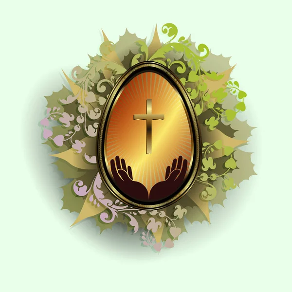 Easter egg with a gold frame with a wreath of leaves — Stock Vector