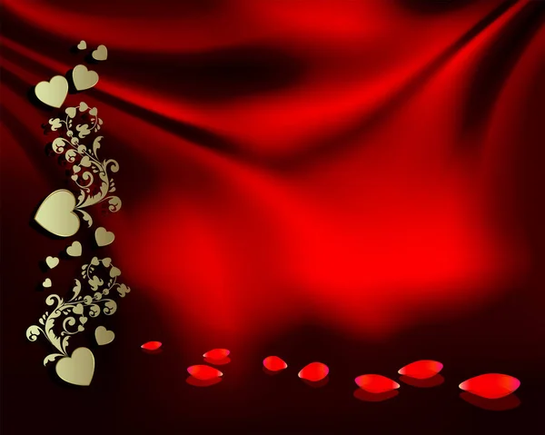 Fundo vermelho com uma silhueta de corações e pétalas de rosa — Vetor de Stock