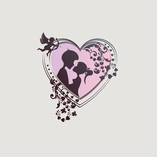 Silhouette d'un cœur avec décoration et silhouette d'un couple amoureux — Image vectorielle