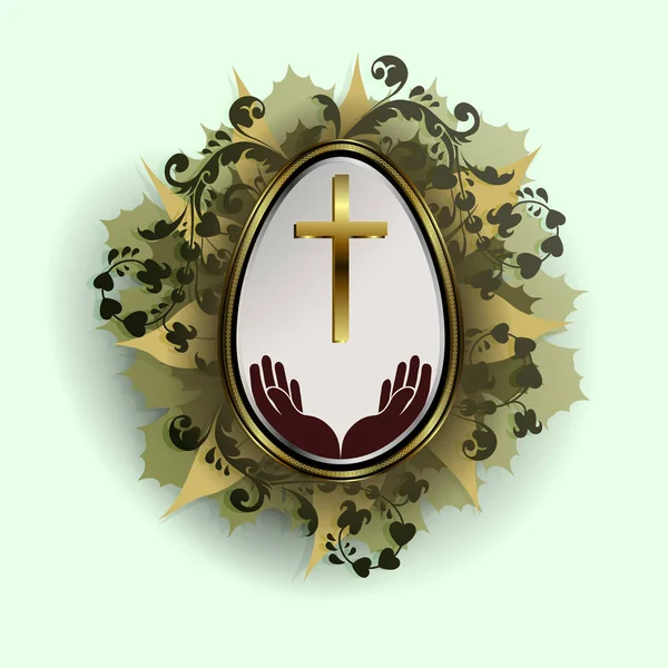 Uovo di Pasqua con cornice d'oro e ghirlanda di foglie — Vettoriale Stock