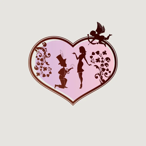 Silhouette des Herzens mit einem Kerl auf den Knien, einem Mädchen und einem Cupidon — Stockvektor