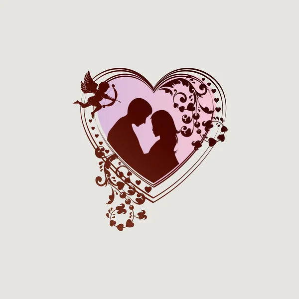 Silhouet van hart met jongen, meisje en Cupido — Stockvector