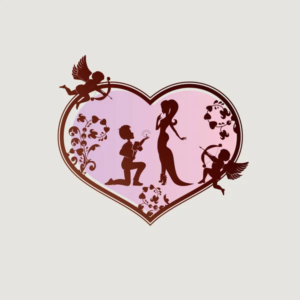 Silhouette del cuore con un ragazzo, una ragazza e due cupidi — Vettoriale Stock