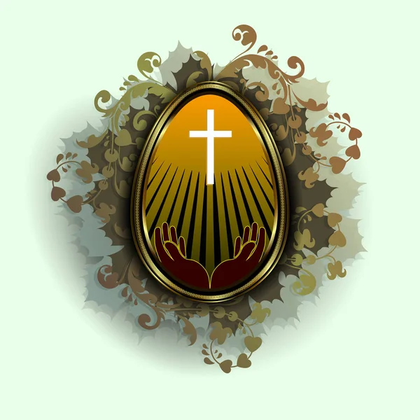 Osterei in goldenem Rahmen mit Blätterkranz — Stockvektor