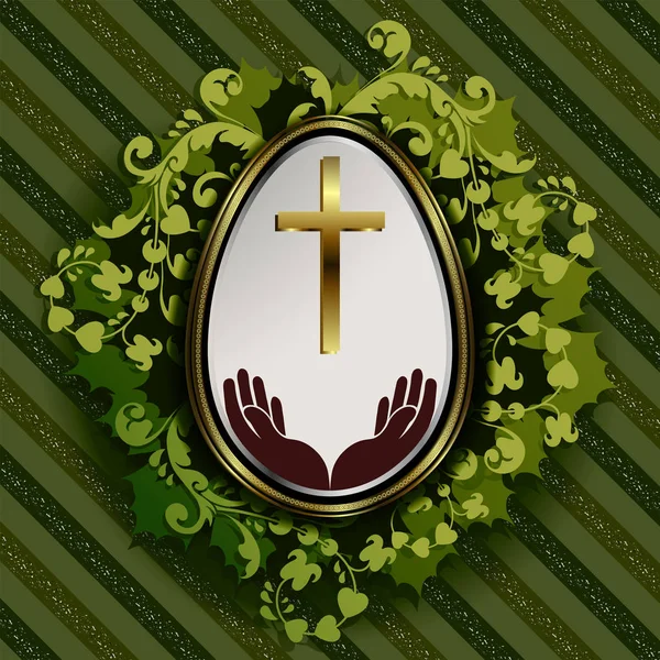 Fondo verde rayado con huevo de Pascua y corona de hojas — Vector de stock