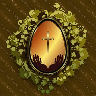 Paskalya yumurtası ve çelenk yaprakların yeşil arka plan