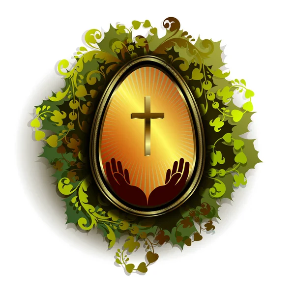 Golden Easter egg with a cross and a wreath of leaves — Stock Vector