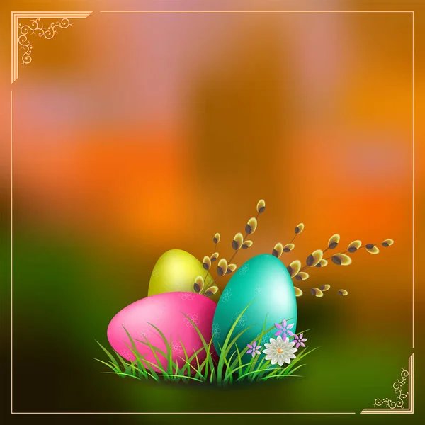 Fondo naranja con huevos de Pascua con hierba verde y una rama de sauce — Archivo Imágenes Vectoriales
