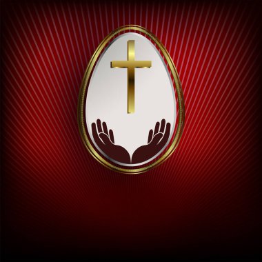 Koyu kırmızı arka plan ile altın kenarlıklı beyaz Paskalya yortusu yumurta