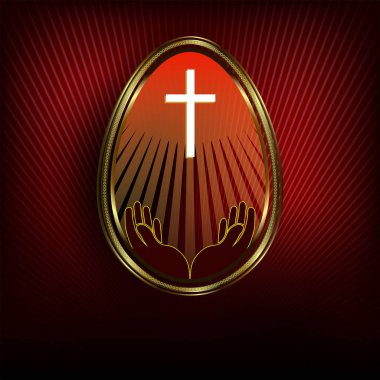 Koyu kırmızı zemin üzerine altın kenarlıklı Paskalya yortusu yumurta.