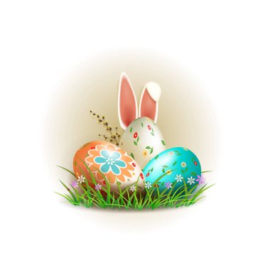 Paskalya yumurtaları tavşan kulağı, çiçek ve bir söğüt dalı.