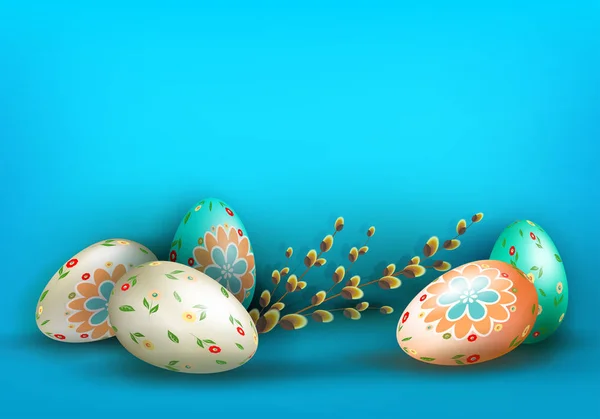 Composición con huevos de Pascua y una rama de sauce . — Vector de stock