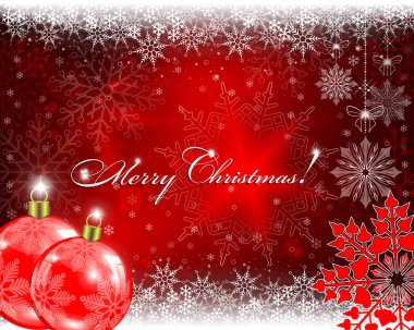 Kırmızı topları ve kar taneleri ile Noel kırmızı arka plan.