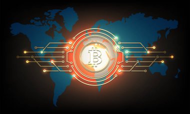 Siluet üzerinden bileşimi soyut para işareti bitcoin.