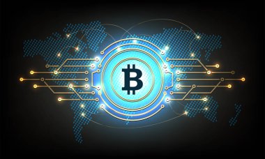 Siluet kompozisyon soyut işareti bitcoin ve dünya kıtalar.