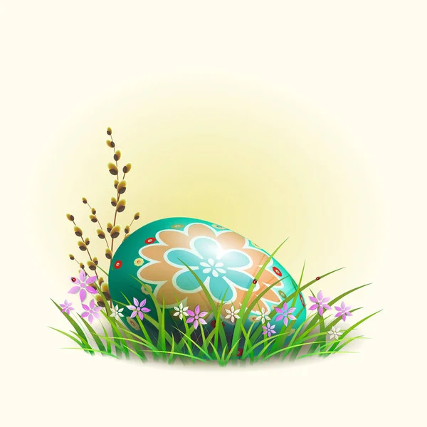 Easter egg with a pattern, with a willow branch on the green grass, with flowers with snowdrops. — Stock Vector
