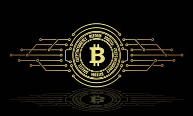 Bir soyut bitcoin işareti bir ayna görüntüsü ile.