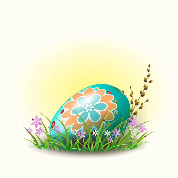 Easter egg of turquoise color with a pattern, with flowers. — Stock Vector