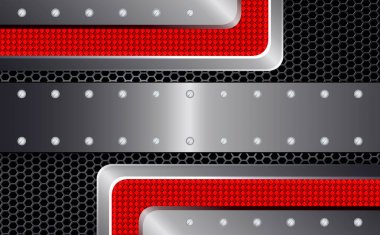 Metal ızgara ve kırmızı kabartma köşeleri ve vidaları ile geometrik tasarım.