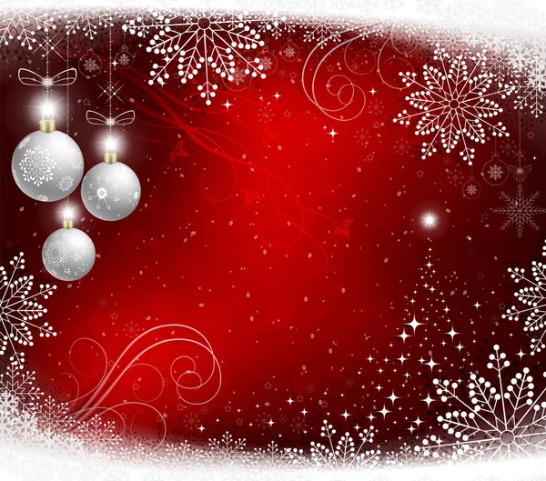 Fondo rojo navidad con bolas blancas y copos de nieve . — Vector de stock