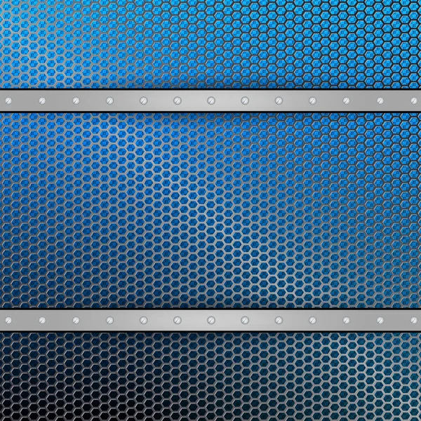 Geometrické mřížky modré pozadí s pruhy z kovových odstínu a šrouby. — Stockový vektor