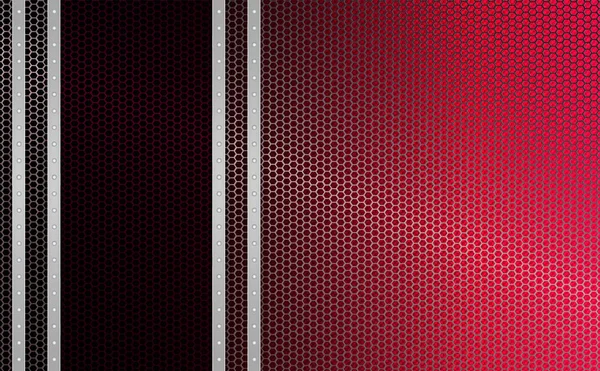 Geometric red mesh background with stripes of light metallic hue with rivets, frame. — Stock Vector