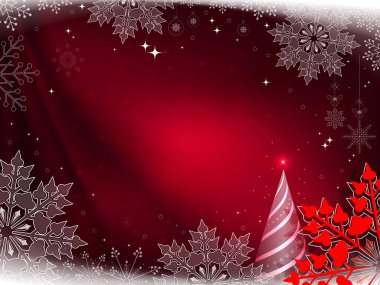 Çizgili Noel ağacı ve güzel beyaz ve kırmızı kar taneleriyle Noel kırmızı kompozisyonu