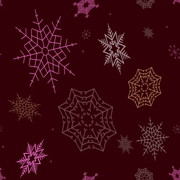 Navidad fondo borgoña sin costuras con un conjunto de copos de nieve magníficos dibujados al azar — Archivo Imágenes Vectoriales