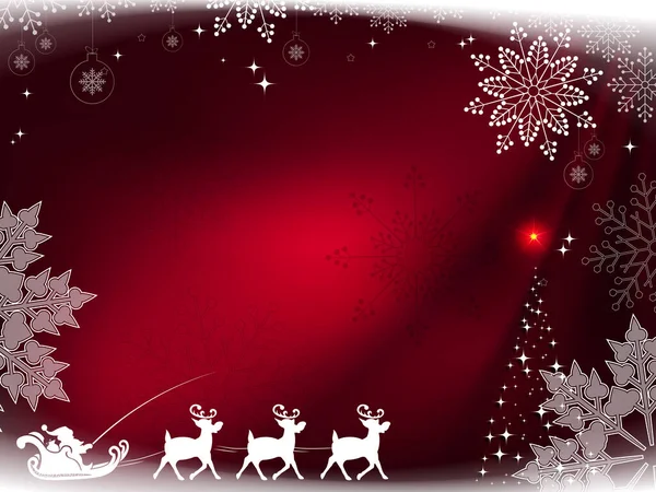 Navidad composición de color rojo oscuro con Santa Claus en un trineo con ciervos y magníficos copos de nieve — Vector de stock