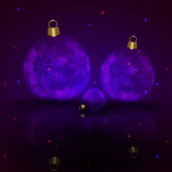 Christmas Dark Purple Komposition mit Kugeln und eleganten Schneeflocken — Stockvektor
