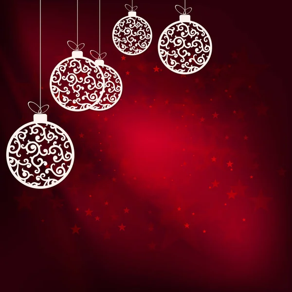 Ilustración de Navidad de color rojo oscuro con bolas blancas con un patrón de estilo retro — Vector de stock