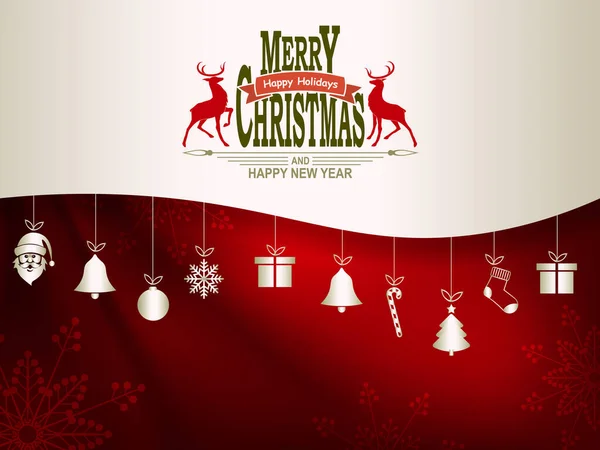 Composición navideña en rojo oscuro y blanco con colgantes y texto con ciervos — Vector de stock