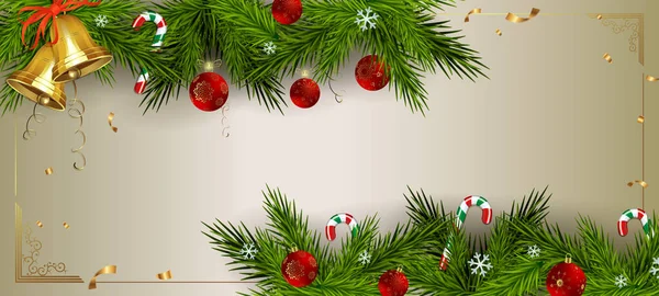 Composition lumineuse de Noël avec branches de sapin, cloches dorées et boules de Noël rouges — Image vectorielle