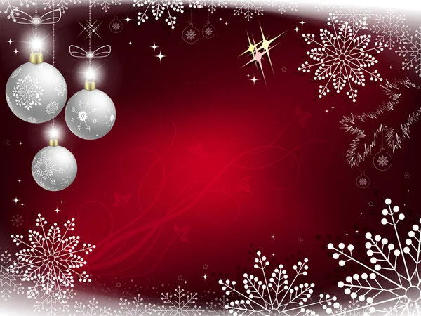 Weihnachten rotes Design mit einer Reihe wunderschöner Schneeflocken und weißen Glitzerkugeln — Stockvektor