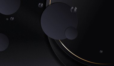 Soyut geometrik ağ koyu tasarımı, yuvarlak çerçeveli, altın kenarlı ve bir dizi daireli.