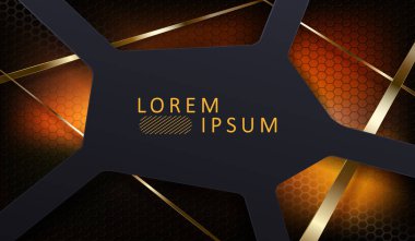 Üst üste binen koyu çokgen çerçeveler ve altın çizgilerle soyut geometrik arkaplan.