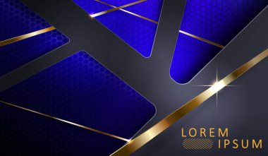 Geometrik soyut mavi arkaplan üst üste binen koyu çokgen armatürler ve parıltılı altın çizgiler.