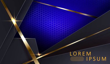 Üst üste binen gri kare jaluzileri ve gölgeli altın çizgileri olan geometrik mavi kompozisyon.