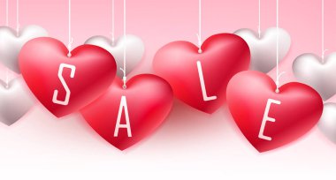 Açık pembe kompozisyon, kırmızı beyaz kalpler ve metin satışı.