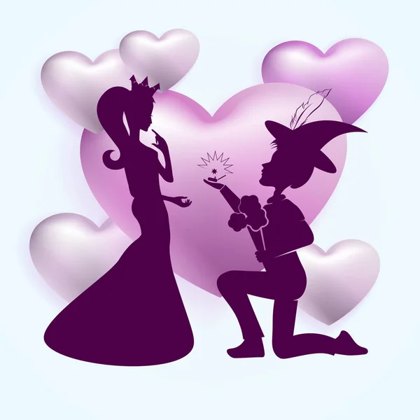 Composition of light hearts and a dark silhouette of a guy in a hat and a girl in a crown — Stock Vector