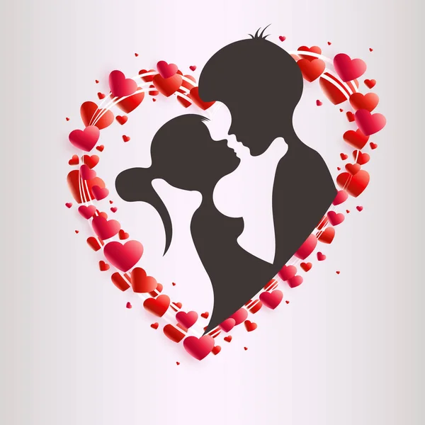 Composition avec une couronne de coeurs rouges et une silhouette sombre d'un garçon et d'une fille — Image vectorielle