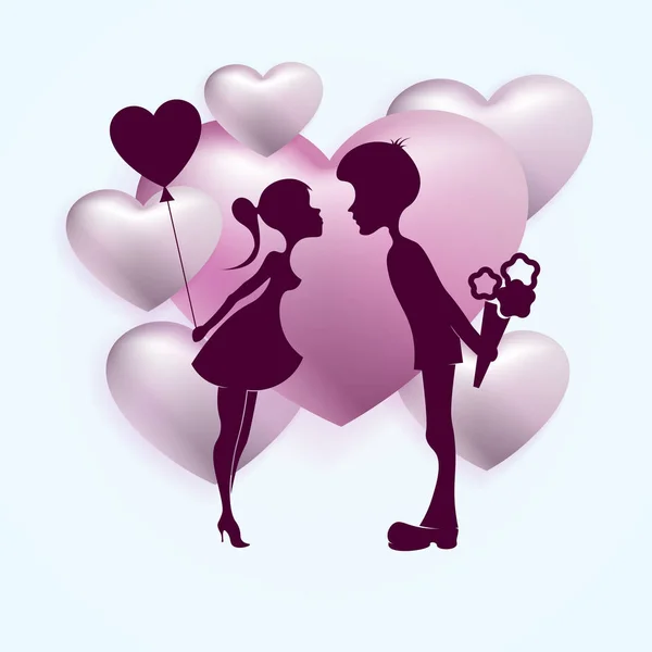 Una composición de púrpura de corazones con una silueta oscura de un chico y una chica con una pelota — Vector de stock