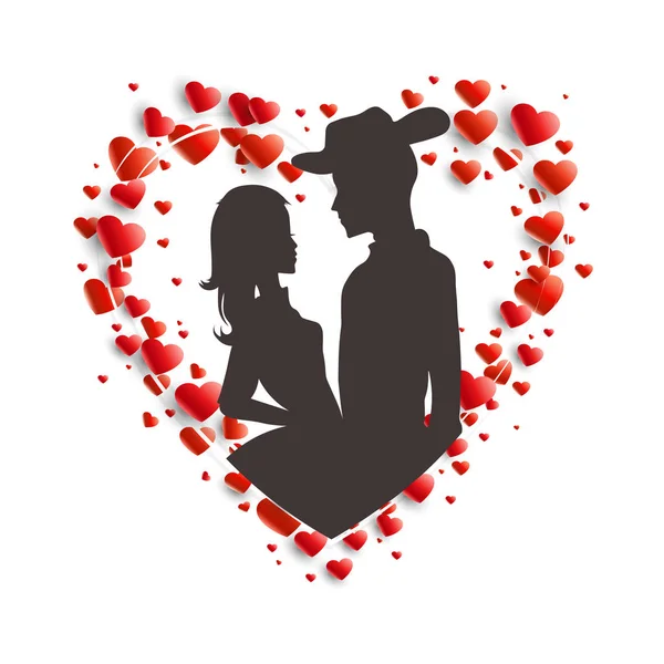 Composition avec une couronne de cœurs rouges et une silhouette sombre d'un gars dans un chapeau et une fille aux cheveux longs — Image vectorielle