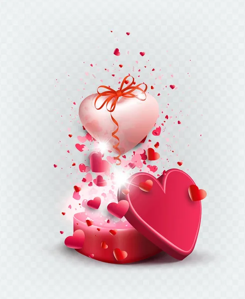 Εικονογράφηση με κόκκινο φέρετρο και ροζ φωτεινή καρδιά με φιόγκο, σχεδιαστικό στοιχείο — Διανυσματικό Αρχείο